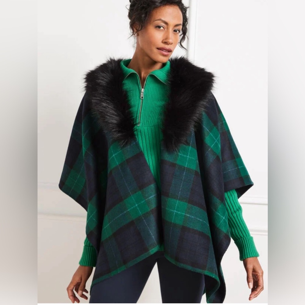 Talbots Plaid Cape Faux Fur Trim Green Blue Black Cozy Chic Wrap M/L